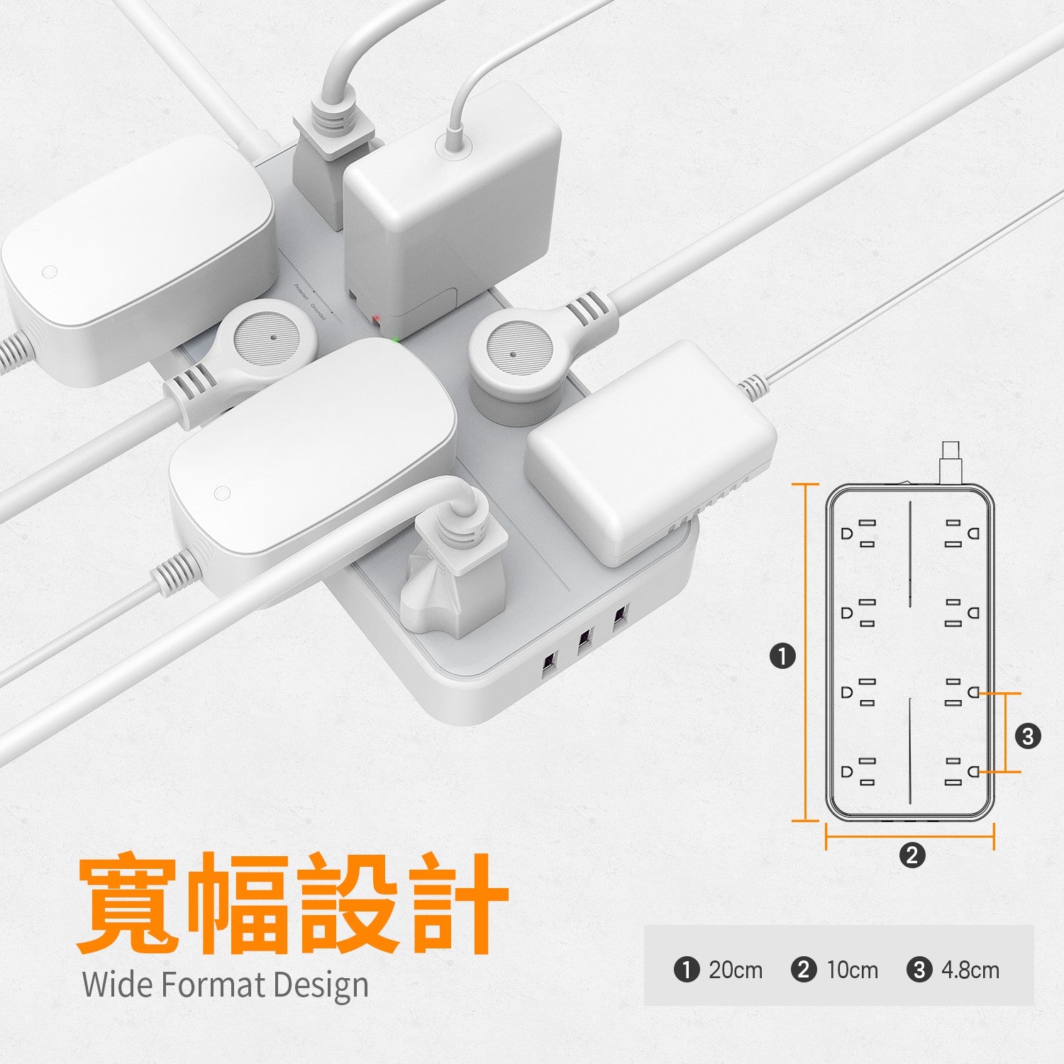 TESSAN 3P 1開8插USB 3.2A延長線 1.8m